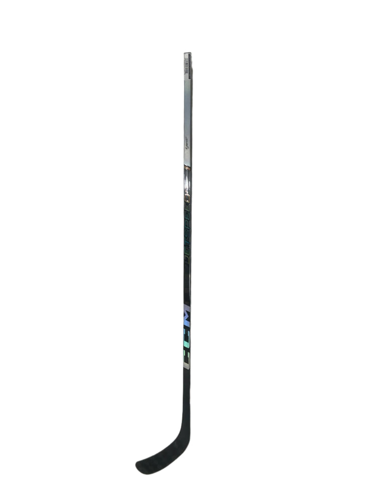 A single black CCM Jetspeed FT6 Pro Senior chrome hockey stick with a curve, displayed against a white background.